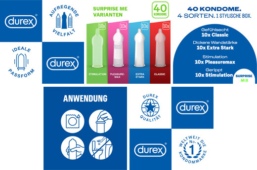 DUREX Yllätä minut kondomit sekoitus laatikossa, 40 kpl