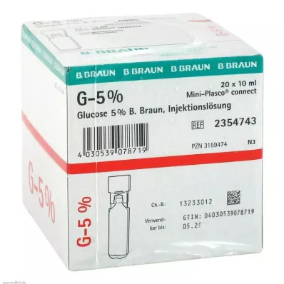 GLUCOSE 5-prosenttinen B.Braun Mini Plasco connect Inj. liuos, 20X10 ml