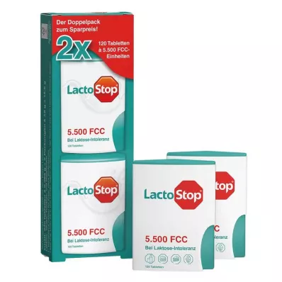 Lactostop 5 500 FCC tablettia click annostelija kaksoispakkaus, 2x120 kpl Lactostop 5 500 FCC tablettia click annostelija kaksoispakkaus, 2x120 kpl