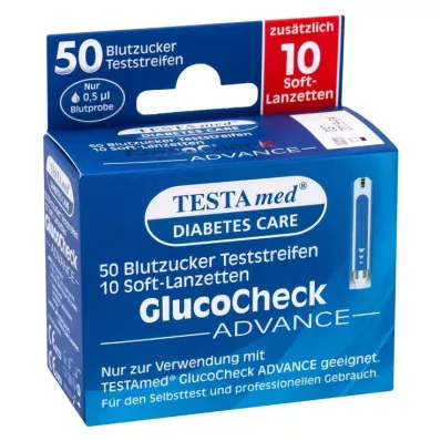 TESTamed® GlucoCheck ADVANCE testiliuskat, joissa 10 pehmeää lansettia, 1 p TESTamed® GlucoCheck ADVANCE testiliuskat, joissa 10 pehmeää lansettia, 1 p