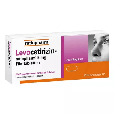 Levocetirizin ratiopharm 5 mg kalvopäällysteiset tabletit, 20 kpl Levocetirizin ratiopharm 5 mg kalvopäällysteiset tabletit, 20 kpl