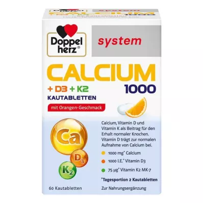 DOPPELHERZ Kalsium 1000+D3+K2-järjestelmän purutabletit, 60 kpl