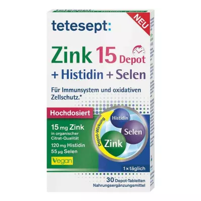 Tetesept Zinc 15 Depot + Histidine + Selenium kalvopäällysteiset tabletit, 30 kpl Tetesept Zinc 15 Depot + Histidine + Selenium kalvopäällysteiset tabletit, 30 kpl
