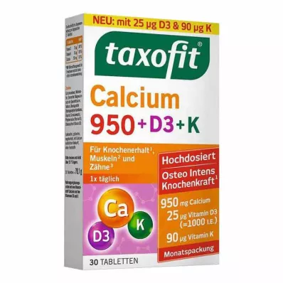 TAXOFIT Kalsium 950+D3+K tabletit, 30 kpl TAXOFIT Kalsium 950+D3+K tabletit, 30 kpl