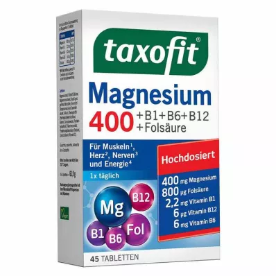 TAXOFIT Magnesium 400+B1+B6+B12+Foolihappo tabletit, 45 kpl TAXOFIT Magnesium 400+B1+B6+B12+Foolihappo tabletit, 45 kpl
